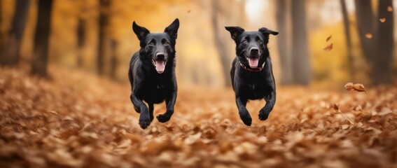 Dogs with cozy scarf running through heap of colorful autumn leaves