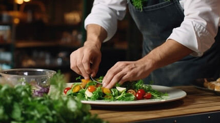 Obraz na płótnie Canvas Cropped photo Close-up hands of male cook adding greens finishing dish, decorating meal in the end. gastronomy, food, nutrition, cafe concept
