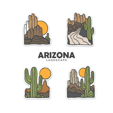 Arizona landscape vintage hand drawn vector illustration for sticker label emblem or patch