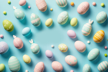 Top view photo of easter decorations inscriptions happy easter multicolored eggs and bunny silhouettes on isolated pastel blue background, Generative AI