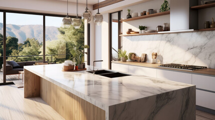 Front view of white granite kitchen countertop island for montage product display on modern Scandinavian kitchen space. - obrazy, fototapety, plakaty