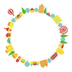 カラフルな街並みの円形イラストフレーム