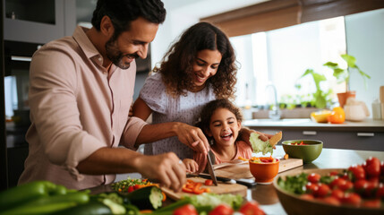 Happy Hispanic family having fun cooking together in modern kitchen - Food and parents unity concept - obrazy, fototapety, plakaty