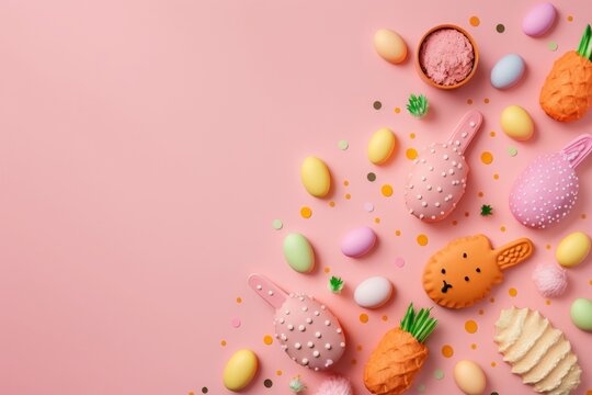 Easter concept. Top view photo of colorful easter eggs bunny chicken shaped baking molds carrots and sprinkles on isolated pastel pink background with, Generative AI