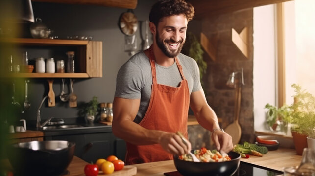 Young man cooking lunch at home. Handsome man preparing delicious food.