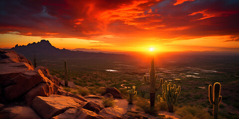 Beautiful sunset over Scottsdale, AZ with saguaro cactus silhouettes stock photo  - obrazy, fototapety, plakaty