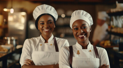 Smiling African female bakers looking at camera..Chefs baker in a chef dress and hat, cooking together in kitchen.Team of professional cooks in uniform preparing meals for a restaurant in kitchen.