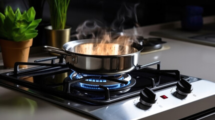 Stainless pan on the hob, cooking on a gas stove, the cost of gas