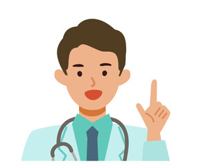 Doctor man wearing lab coats. Healthcare conceptMan cartoon character. People face profiles avatars and icons. Close up image of pointing man.