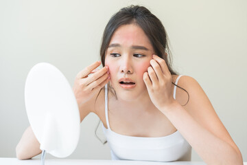 Dermatology, scratch asian young woman looking at mirror, expression worry and itch, itchy allergy...