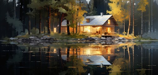 painting style illustration of beautiful wooden cabin home in forest at lakeside, Generative Ai
