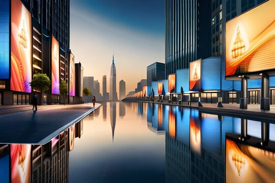 Fototapeta 3D Rendering of billboards and advertisement signs at modern buildings in capital city with light reflection from puddles on street. Concept for night life, never sleep business district cente