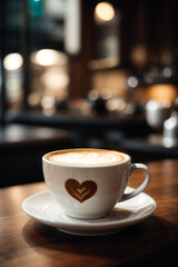 Close up white coffee cup with heart shape latte art on wood tab
