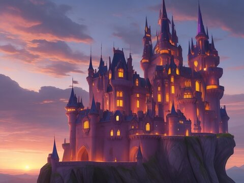 Capture the enchantment of a fairytale castle, gracefully floating among sun-kissed clouds, bedecked with intricate details, bathed in soft sunlight. Ethereal beauty awaits in this dreamlike scene.