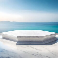 White marble podium with sea view on background. High quality photo
