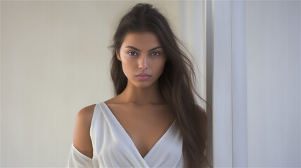 Obraz na płótnie Canvas An outdoor portrait of a beautiful fashion model standing front of a white building and wearing a white dress. Long dark hairstyle and a pensive expression. Clear, dark complexion.