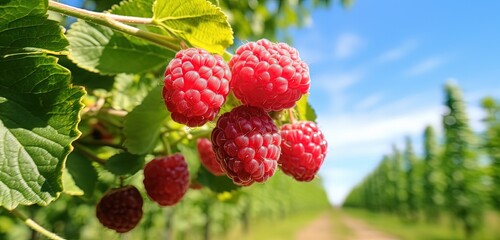 close up fresh red raspberry fruit on branch with blue sky background, generative Ai