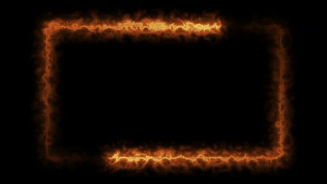 Seamless loop animated rectangle picture frame with fire and smoke color 4K video motion graphic isolated on transparent background. Futuristic light effect for overlay element. Empty copy space.