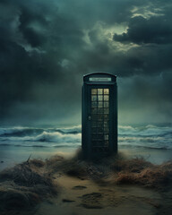 A surreal landscape of a telephone booth situated  on a deserted beach at night. Haunting. Mysterious graphic asset. Fog and mist and dark skies. - obrazy, fototapety, plakaty