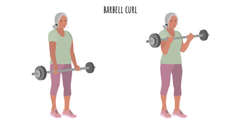 Fototapeta na wymiar Senior woman doing barbell curl exercise