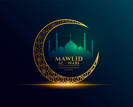 islamic mawlid al nabi event card with moon and mosque design