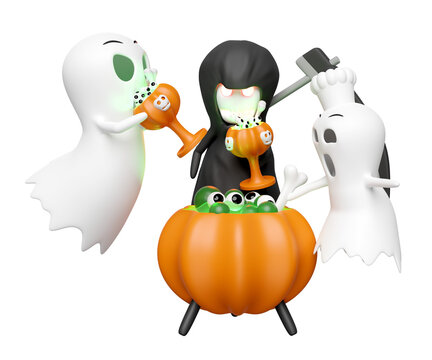 3d halloween holiday party with chef ghost, cute ghost, grim reaper hand holding scythe, cauldron, magic cup pumpkin, skeleton, skull, eye isolated. 3d render illustration