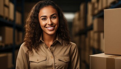 Portrait of happy young African American woman in warehouse, looking at camera and smiling.