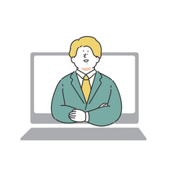 パソコンから腕を組むスーツを着用した男性　ビジネスマン