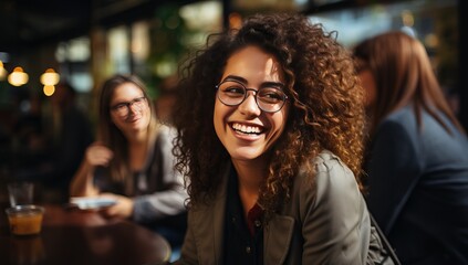 Portrait of beautiful young woman smiling while sitting at the table in cafe