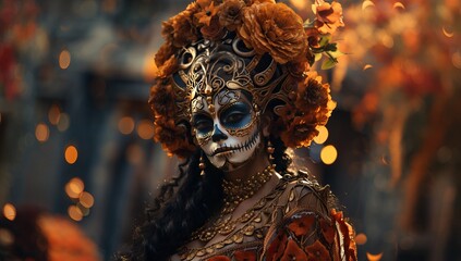 Beautiful woman with sugar skull makeup at the Day of the Dead