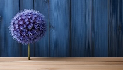 Purple dandelion flower on wooden table against blue wooden planks