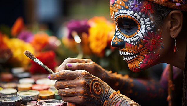 Beautiful mexican woman with sugar skull makeup painting on her face
