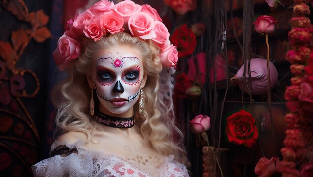 Beautiful girl with sugar skull makeup and flowers in her hair.
