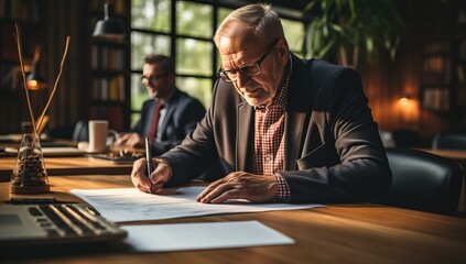 Fototapeta premium Serious mature businessman sitting at table in office and signing contract.