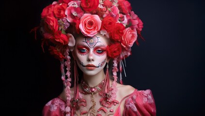 Beautiful woman with sugar skull makeup and flower wreath on her head. day of the dead.