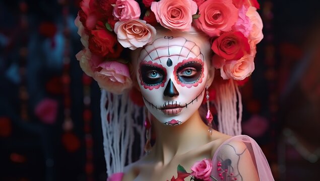 Day of the Dead. Sugar skull makeup woman with flowers in her hair.
