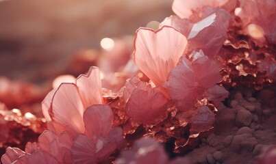 pink crystals and plants, Macro Photograph, Close-up, golden light, high detail, intricate, 