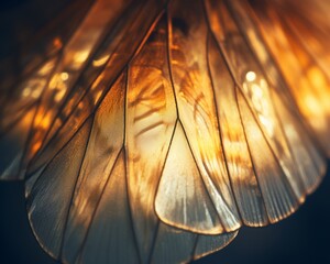 Macro Close Up Photograph of insect wing, golden light, reflections, see through, extreme detail, intricate