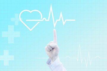 Doctor's hand in gloves, pointing at heart beat line ecg sign for health examination.