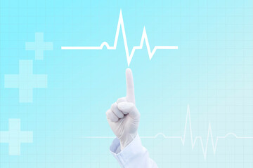Doctor's hand in gloves, pointing at heart beat line ecg sign for health examination.