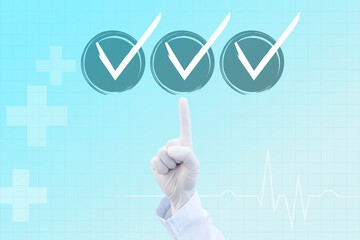 Doctor's hands in gloves Point to the correct mark in the checkbox for the Achievement Quality...