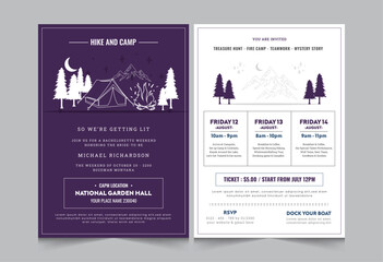 Camping activity invitation layout template, weekend activities a4 poster or flyer design, vector illustration eps 10
