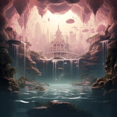 Pink Fantasy Landscape with Castle, water flowing, cave like world, floating in time and space, crystal cavern, soft pink and blue science fiction image, dreamy cgi world