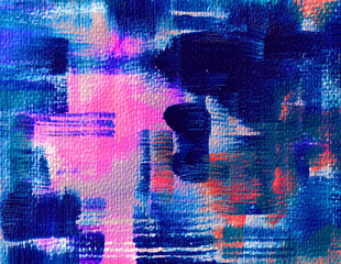 Abstract pink, blue, and orange, painting background. Vibrant acrylic paint brush stroke backdrop....