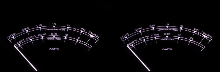Analog Power Meters of a High-fidelity Stereo Amplifier.