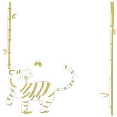 竹の背景にシンプルでラフなタッチで描かれたかわいい虎の手描きベクターイラスト枠