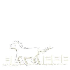 牧場を背景にシンプルでラフなタッチで描かれたかわいい馬が走っている手描きベクターイラスト枠