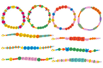 Set Funky Bracelet. Handmade collection love plastic beads kidcore Y2K jewelry. Vector elements hand drawn 90s style - obrazy, fototapety, plakaty