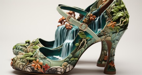 pair of white and blue heels decorated with flowers, in the style of light brown and orange, use of vintage imagery, fine line details, feminine affluence, lowbrow, folkloric themes, meticulous design