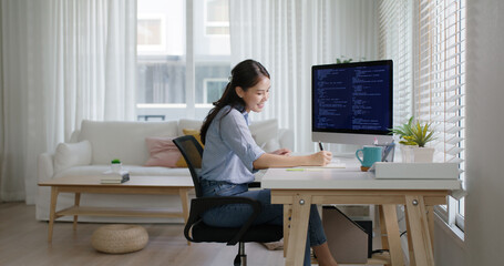 New possible digital transformation workforce. Asia young woman happy work at home office self...